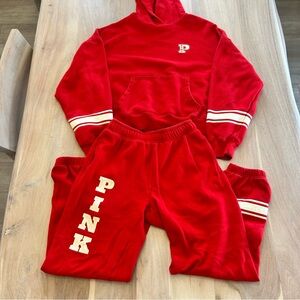 Victoria’s Secret PINK Ivy Fleece Outfit Joggers Hoodie Retro Red Cream XS/S